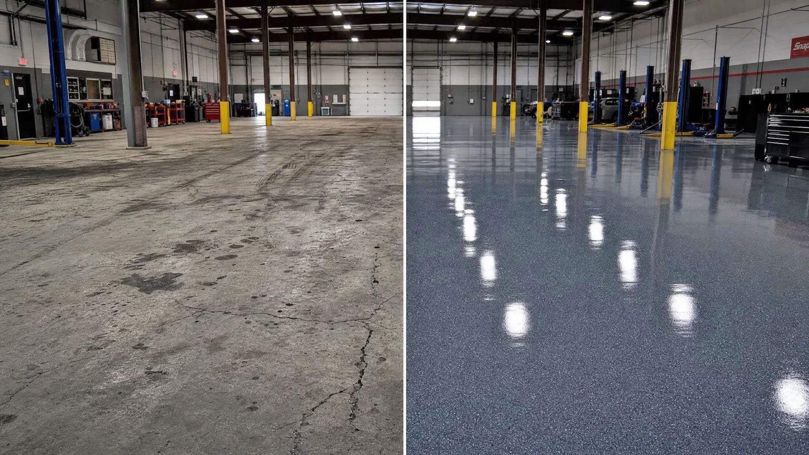 Commercial floor coating before and after — auto shop in Sugar Land TX